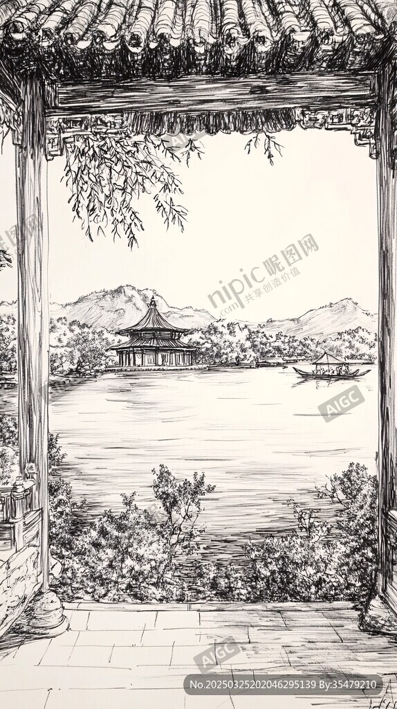 透過(guò)亭廊賞湖景水墨畫(huà)