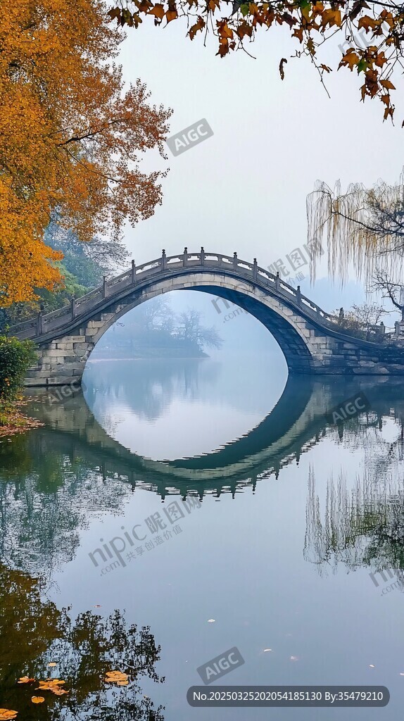 秋日拱橋映湖景
