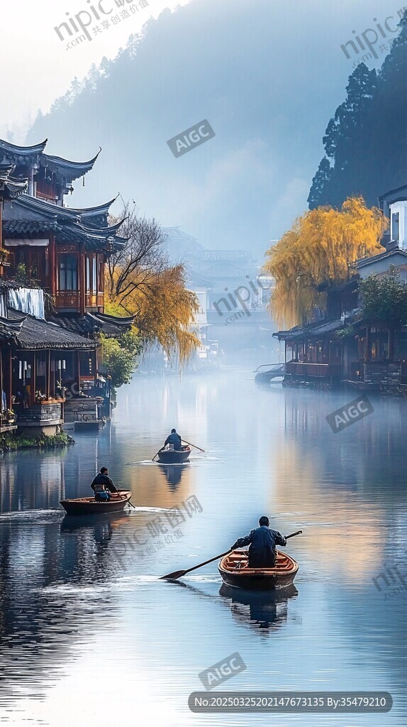水鄉晨景 小船悠蕩于古宅間