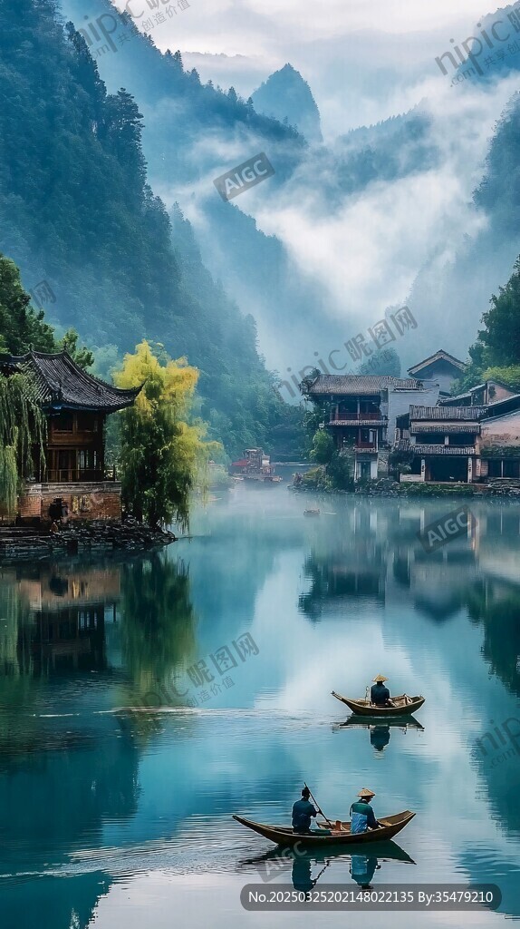 水墨山水間的悠然泛舟景