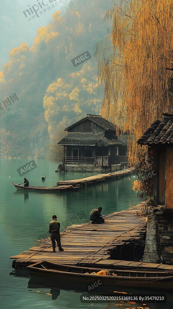 湖畔古渡秋景圖