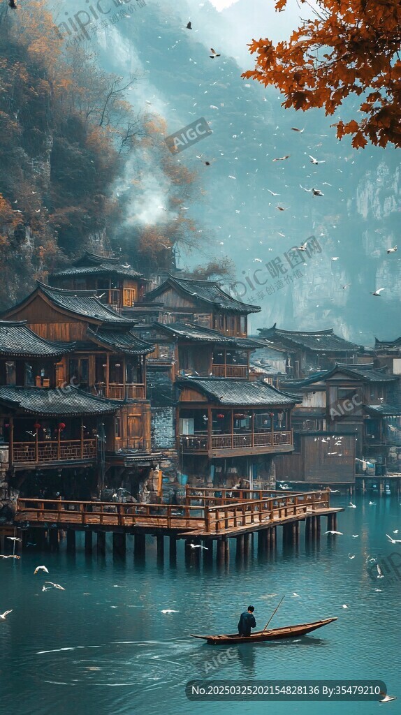 古風水鄉孤舟圖