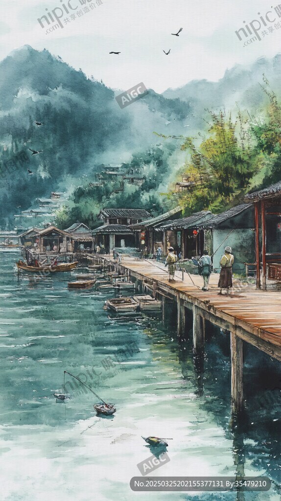 水墨江南水鄉(xiāng)碼頭景致