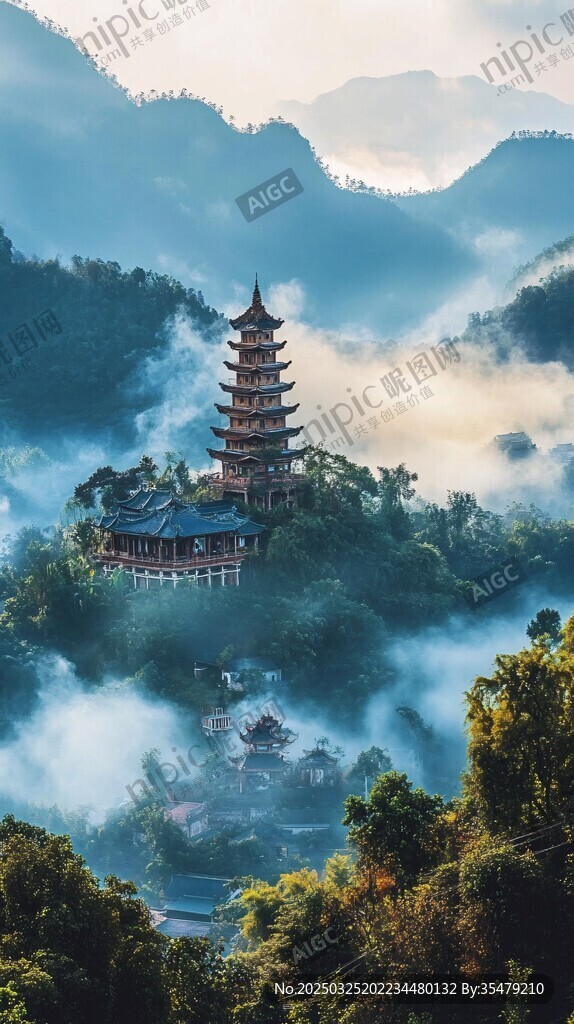 云霧中的山間寶塔勝景