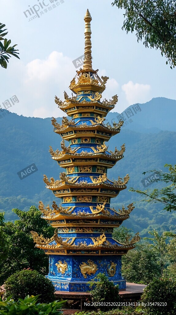 藍金寶塔屹立于山林間