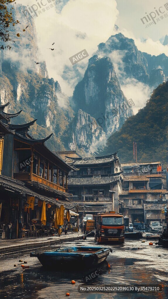 古風(fēng)山水小鎮(zhèn)臨水景致