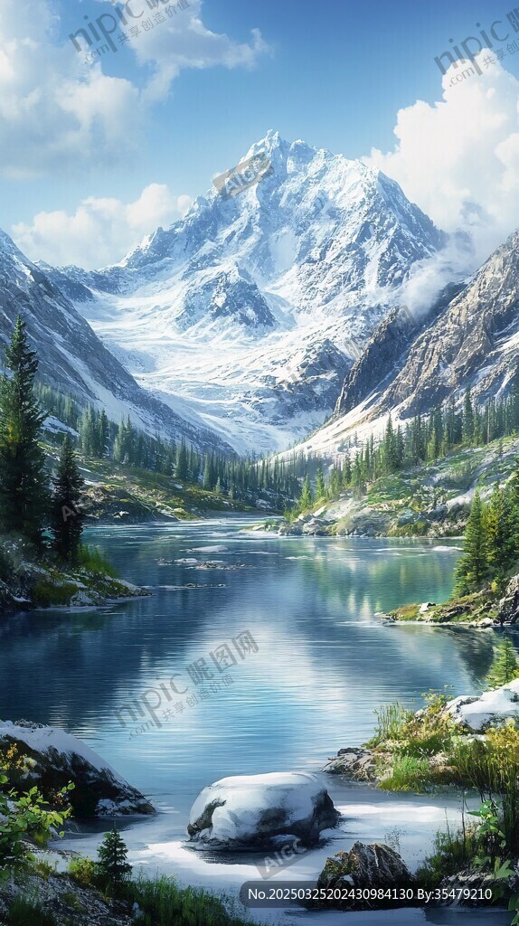 雪山下的靜謐湖泊美景
