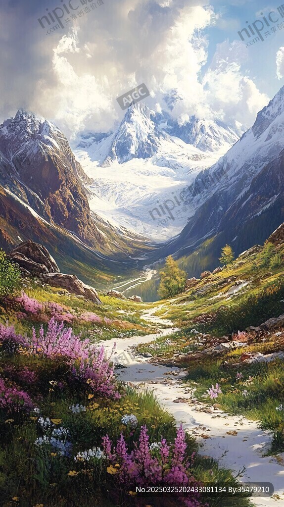 山間繁花小徑與壯麗雪山