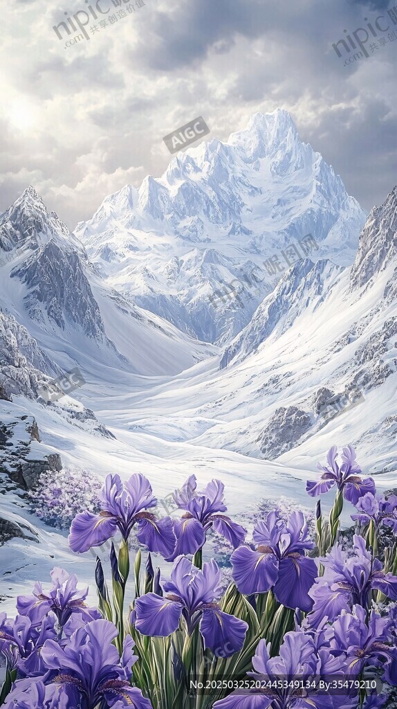 雪山下的紫色鳶尾花美景