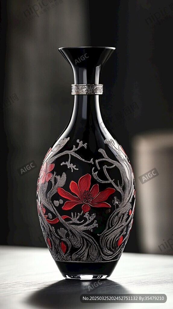 黑底紅花中式花紋陶瓷花瓶