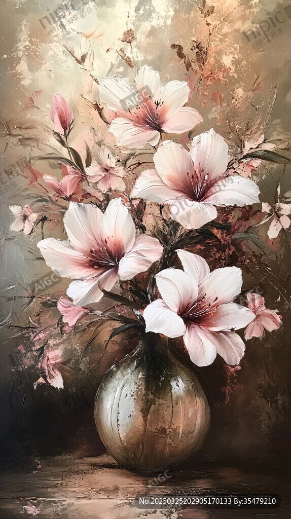 花瓶中的粉色花卉靜物畫