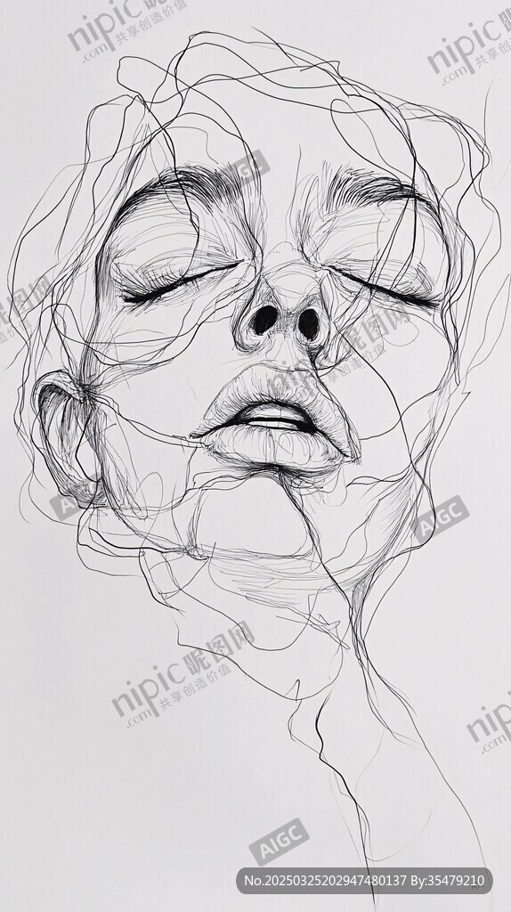閉眼女性的線條感素描頭像