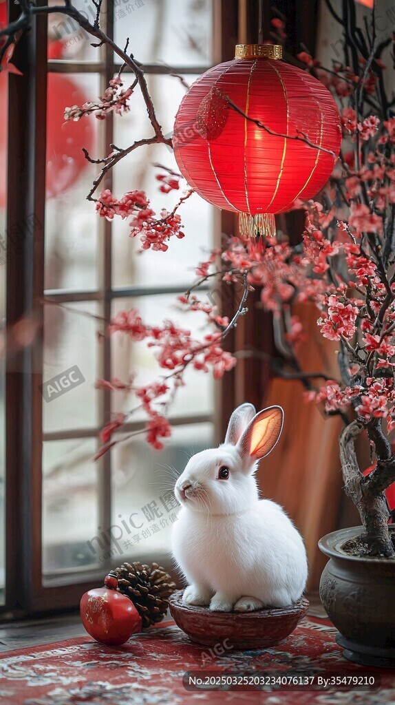 窗前白兔伴紅燈與繁花