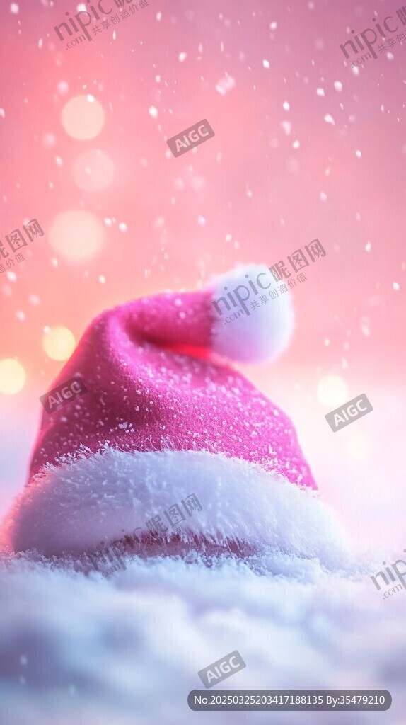 粉色圣誕帽置于雪境中