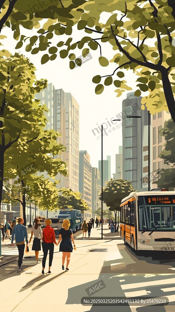 城市街道行人與公交景象