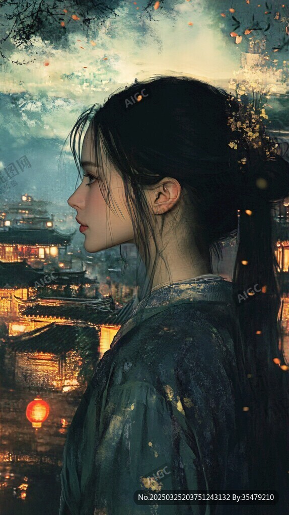 古風(fēng)少女望夜色中的水鄉(xiāng)