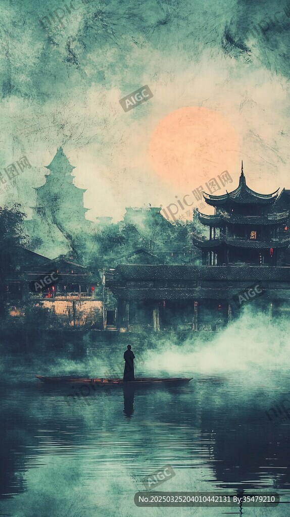 水墨古風(fēng)湖畔孤舟獨(dú)影