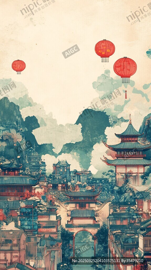 古風(fēng)城鎮(zhèn)飄紅燈籠之景