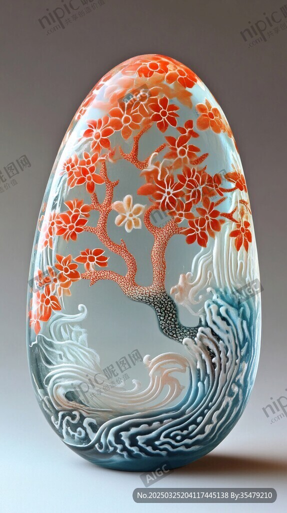 玉雕蛋形擺件 花樹海浪圖