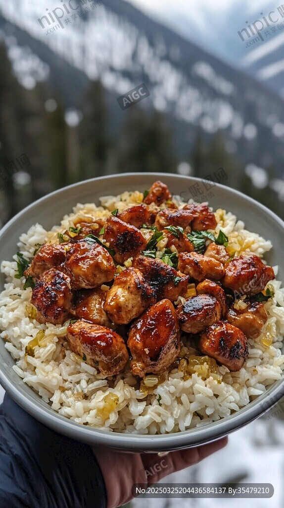 戶外雪景中的美味雞肉蓋飯