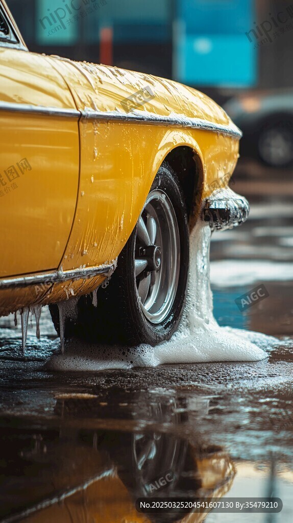 黃色汽車在積水路面的瞬間