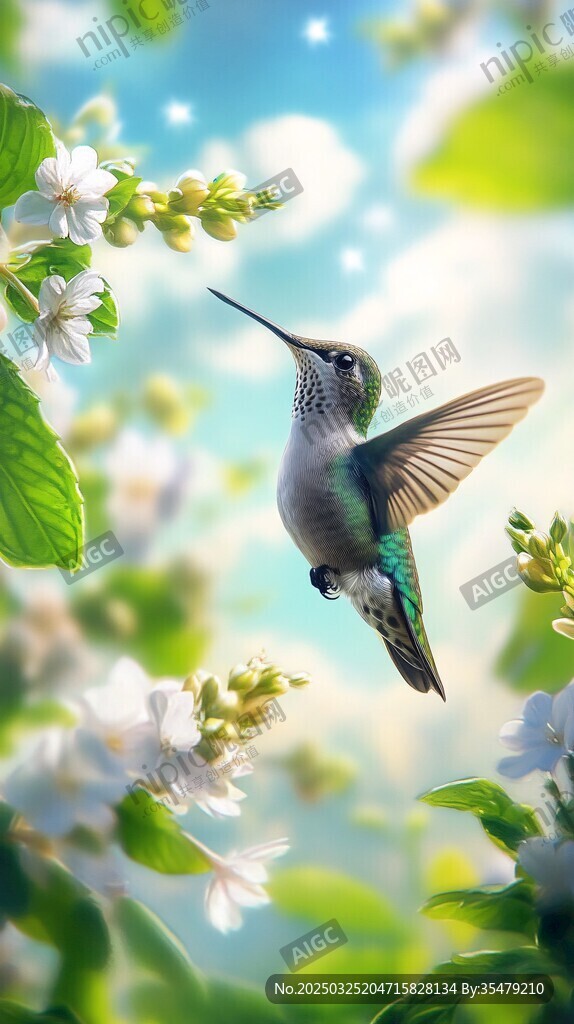 蜂鳥于花叢間輕盈飛舞