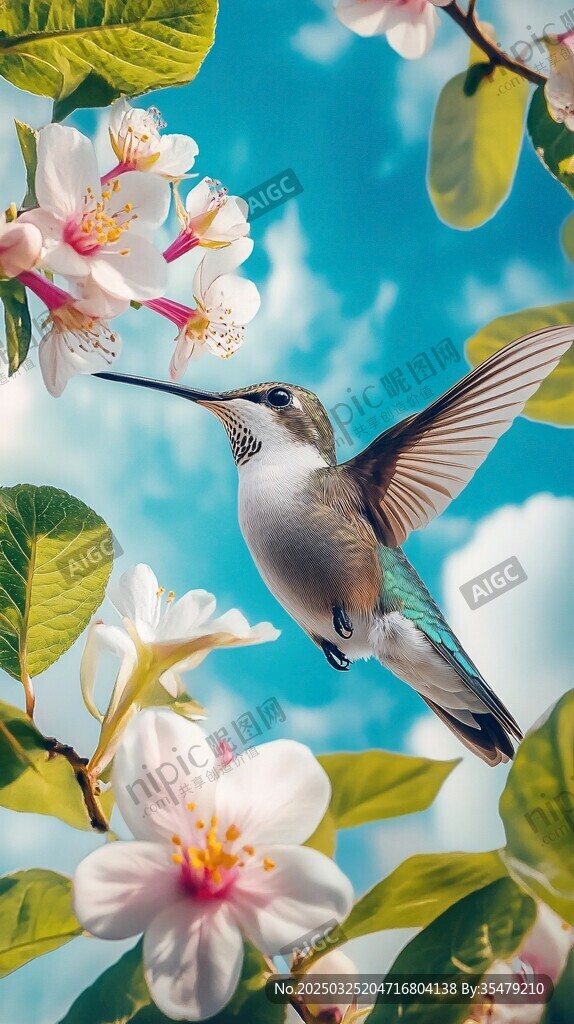 蜂鳥花間飛舞圖