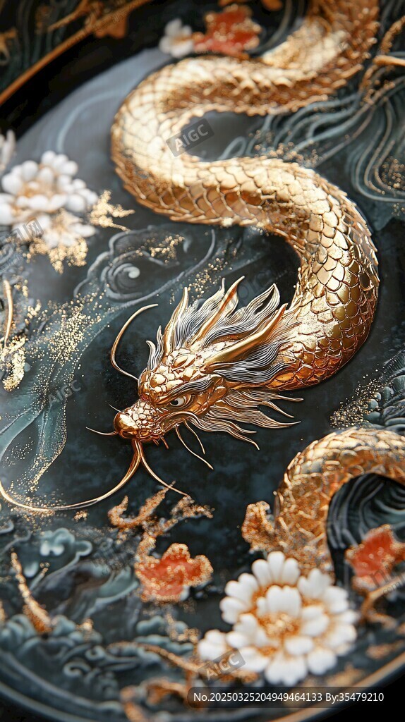 金鱗蛟龍盤于繁花墨盤間