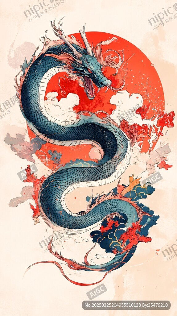 東方祥龍躍于紅日云海間