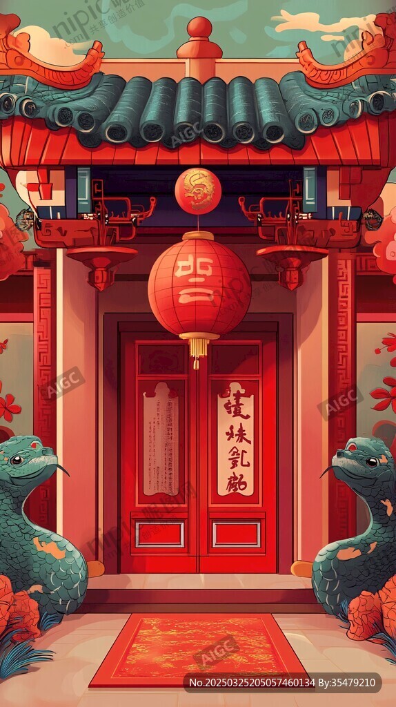 中式傳統(tǒng)大門前的吉祥景象