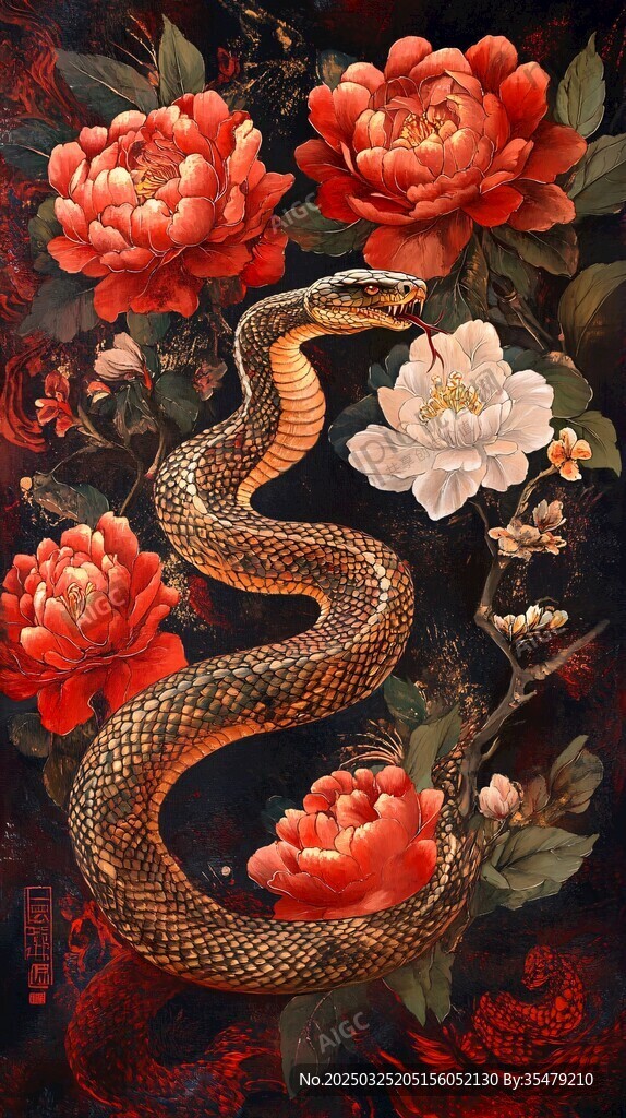 牡丹纏蛇圖