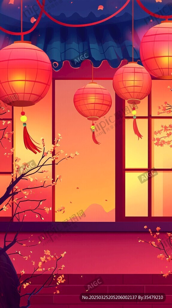 中式庭院掛燈籠夜景圖