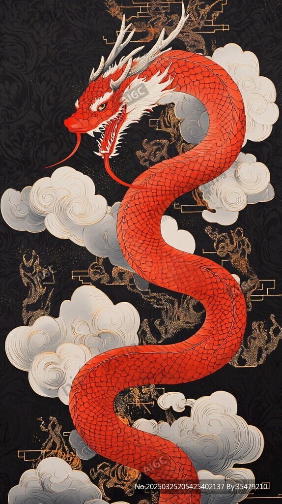 中式紅蛟龍騰云圖