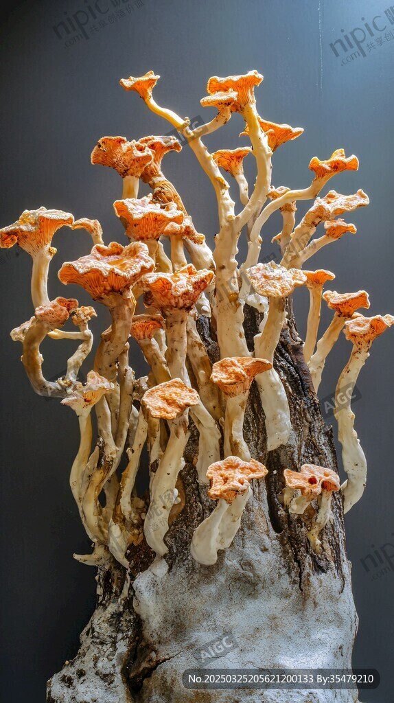 橙色菌類簇生于樹樁之上