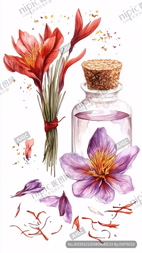 藏紅花插畫 花朵與精油瓶