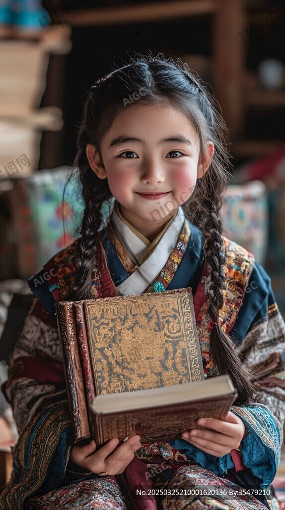 藏族少女捧古籍展純真笑