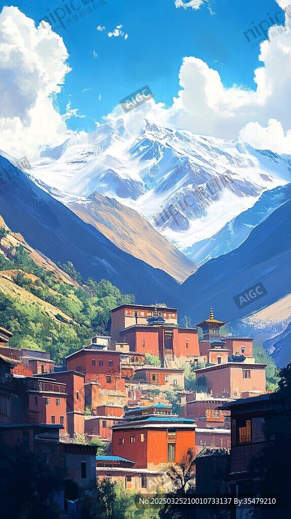 雪山下的多彩村落美景