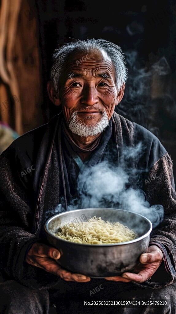 老人端著熱氣騰騰的面食