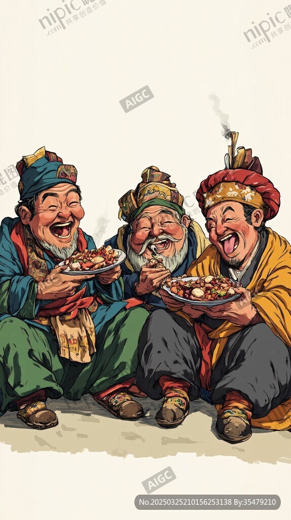 三位古人歡樂聚餐圖