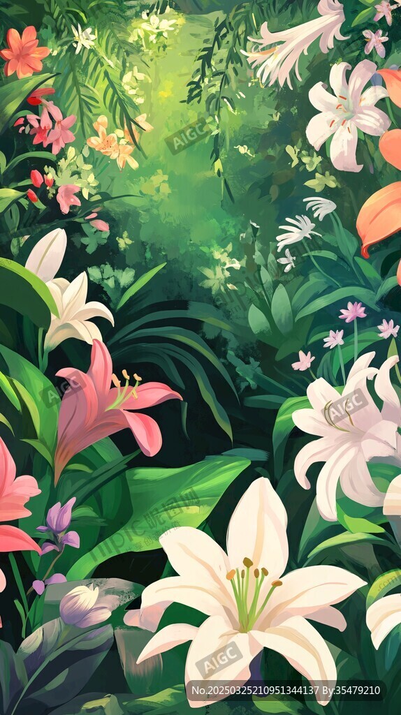 夢幻百合花卉叢林插畫