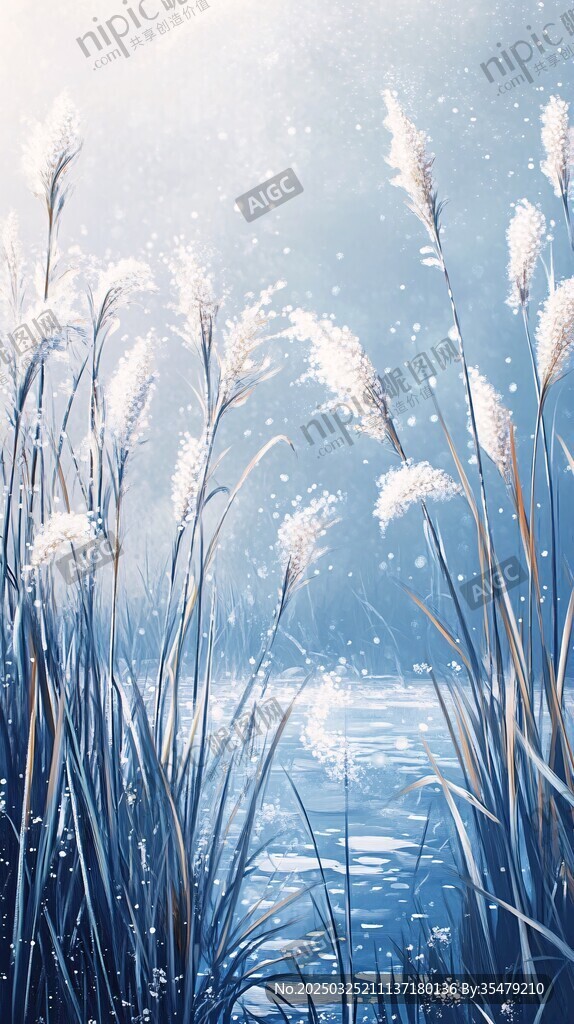 雪覆蘆葦?shù)撵o謐水邊景致