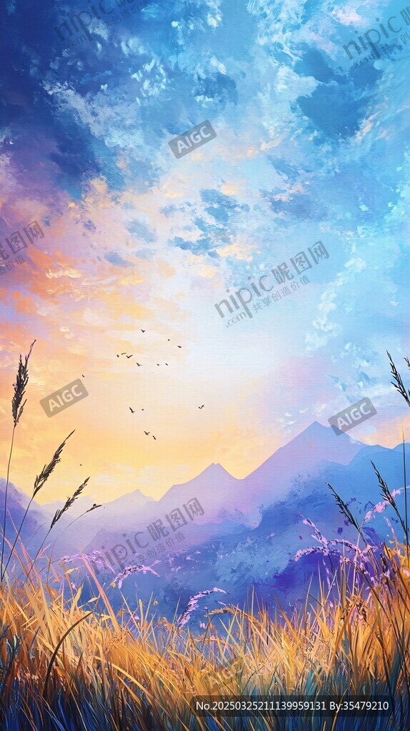 夢幻山野夕陽下的美景