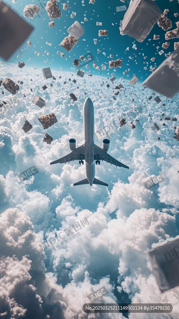 飛機穿梭云端與漂浮方塊