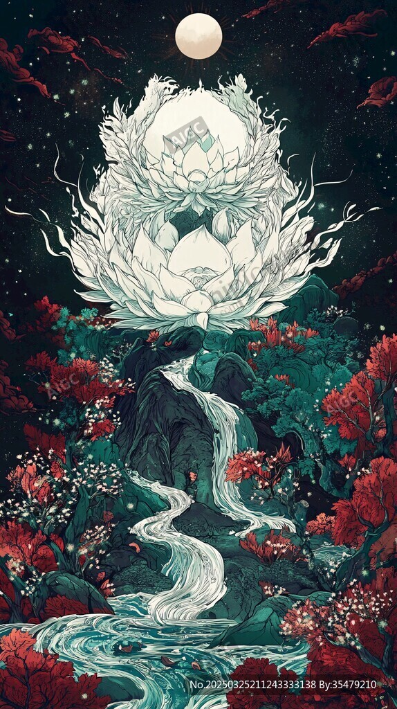 月夜蓮花下的奇幻山水景