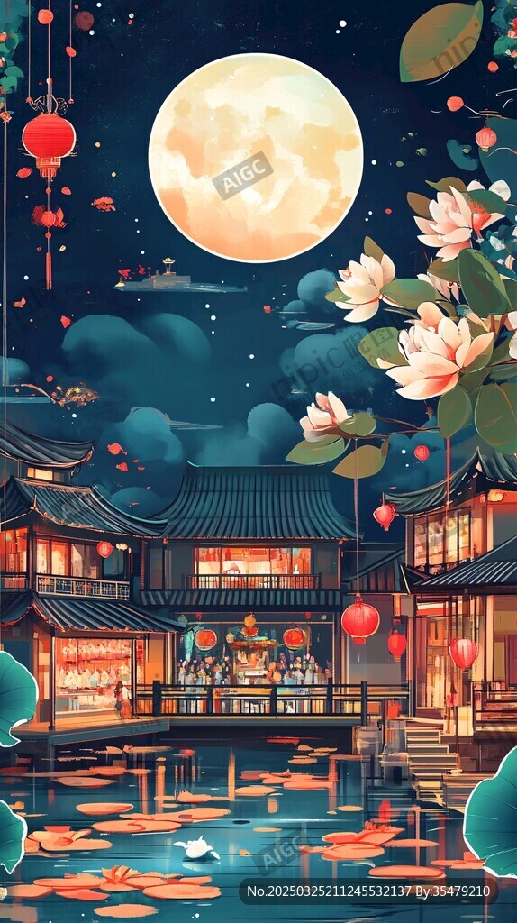 月夜下的中式水鄉美景