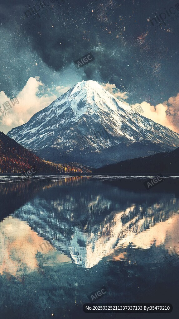 夜空下富士山的靜謐倒影