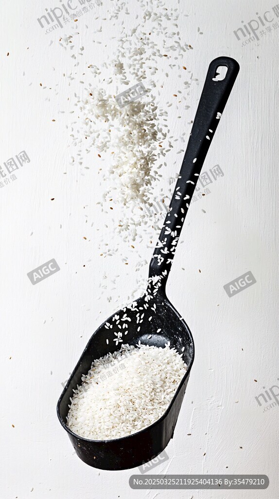 黑色勺子中灑落的白色粉末
