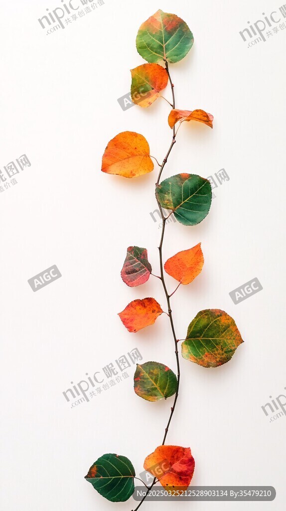 秋日多彩樹葉枝條特寫