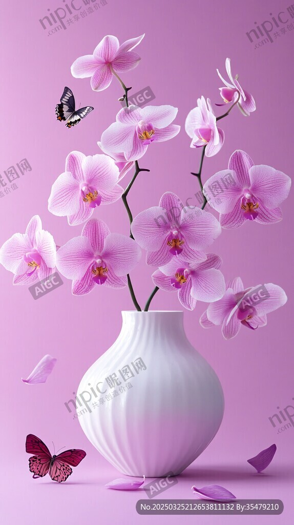 粉紫蘭花插瓶蝴蝶相伴