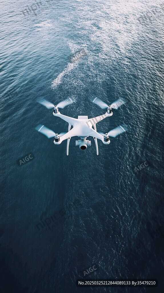 海上飛行的白色無人機